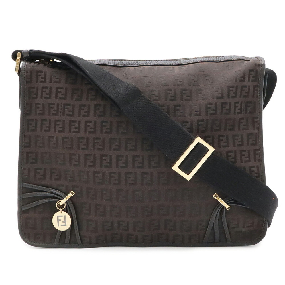 FENDI Zucchino Shoulder Bag/Handbag, Canvas and Leather, Dark Brown/Black, 8B...